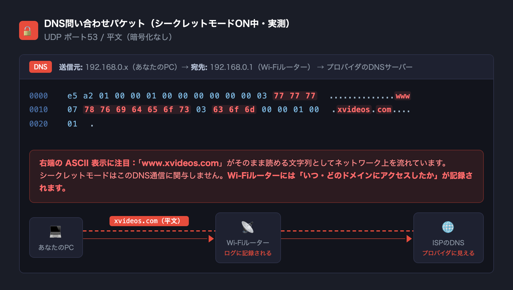▲ 実測:シークレットモードON中でもDNSパケットにドメイン名が平文で流れる