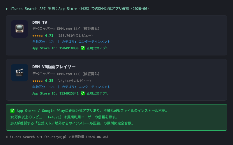 iTunes Search API（country=jp）で実測取得（2026-06-06）。10万件以上のレビューを持つ正規公式アプリの存在を確認