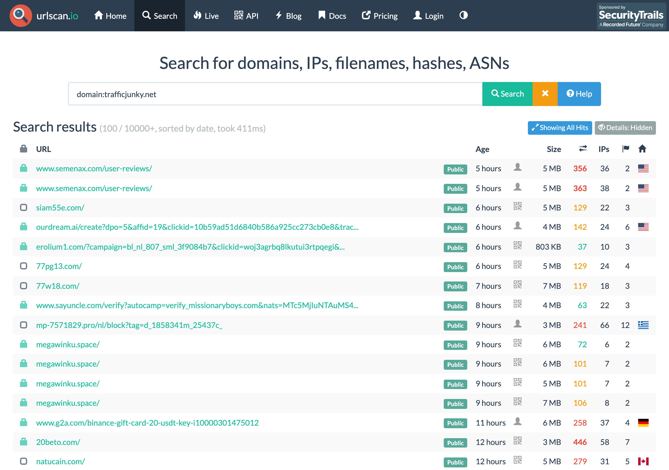 URLScan.io でのtrafficjunky.net 検索結果（2026-06-07取得）：複数アダルトサイトからの接続記録が確認できる