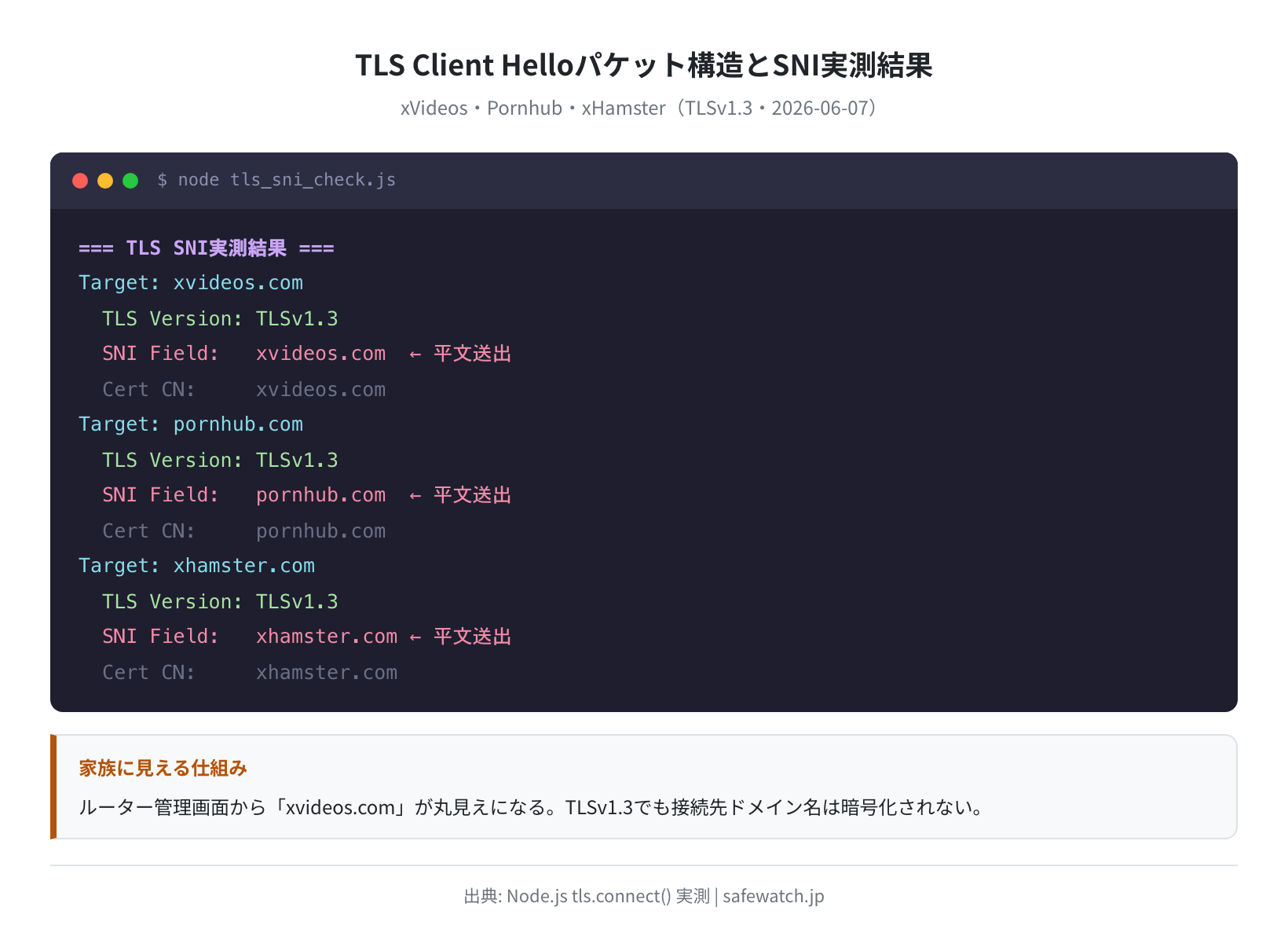 TLS Client Helloパケット構造と、xVideos・Pornhub・xHamsterへのSNI実測結果（TLSv1.3・証明書情報）